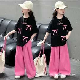 女童夏季短袖套装2025新款洋气女大童休闲夏装儿童阔腿裤两件套潮