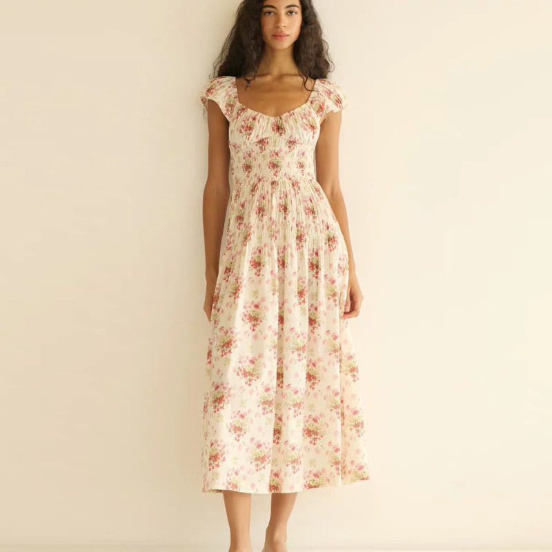 D Brand Floral Long Dress with Large Round Neck and Printed Ruyi Grass Pattern Short-Sleeve Dress