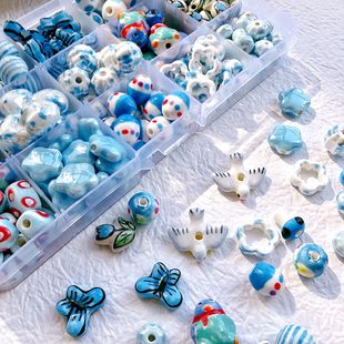 Japanese style fresh blue ceramic cute lovesick bean rabbit square diy handmade beaded necklace bracelet material