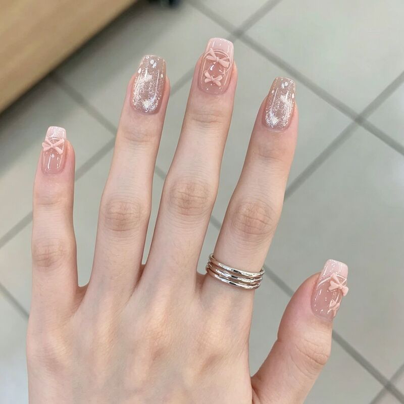 Hot-selling handmade nail art, featuring a sweet and girly bow design in a French style, square-shaped medium-length press-on nails, wholesale Hot-selling handmade nail art, featuring a sweet and girly bow design in a French style, square-shaped medium-length press-on nails, wholesale