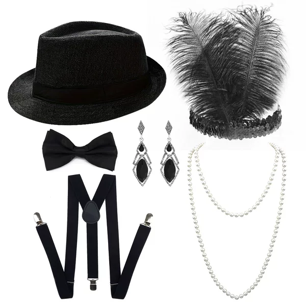 1920 Masquerade Party suit Bowler Hat Bow Strap Feather Hair Strap Earrings Pearl Necklace suit
