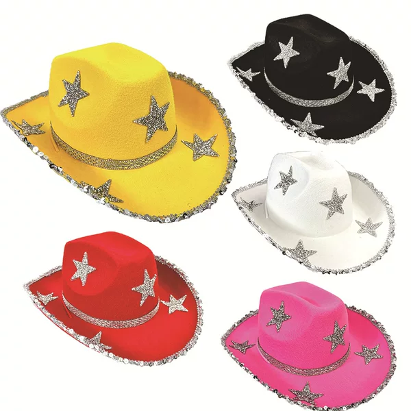 In-Stock Halloween Seven-Color Denim Hat Diamond Style Pink Five-Pointed Star Denim Hat Western Cowboy Felt Hat