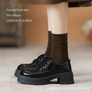 New Style British Style Thick-Soled Black Thick-Heeled Small Leather Shoes for Small People to Increase Height, Versatile Jk