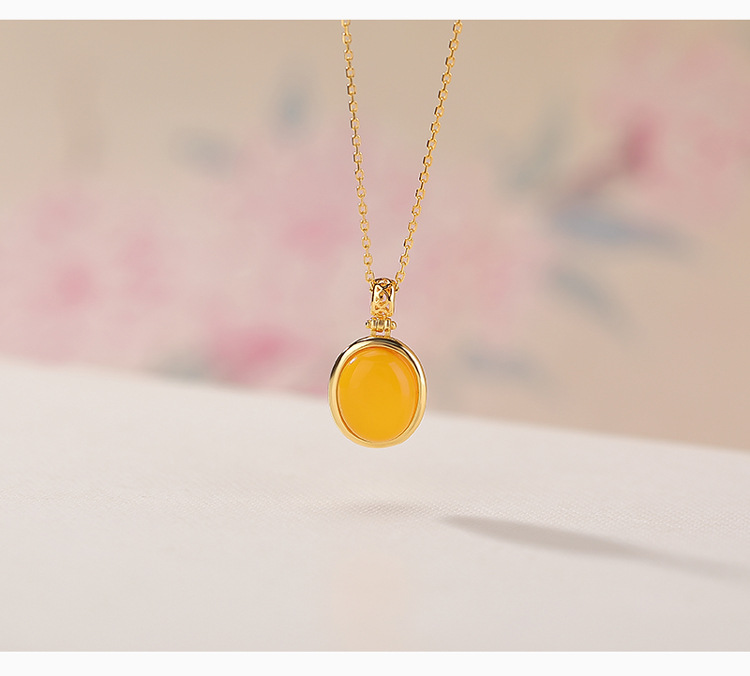 Mặt dây chuyền bạc S925 mạ vàng hình tròn cổ điển đính mã não đỏ tự nhiên và hổ phách — Mẫu màu hổ phách - Mặt dây chuyền đơn (không bao gồm dây) chi tiết 2