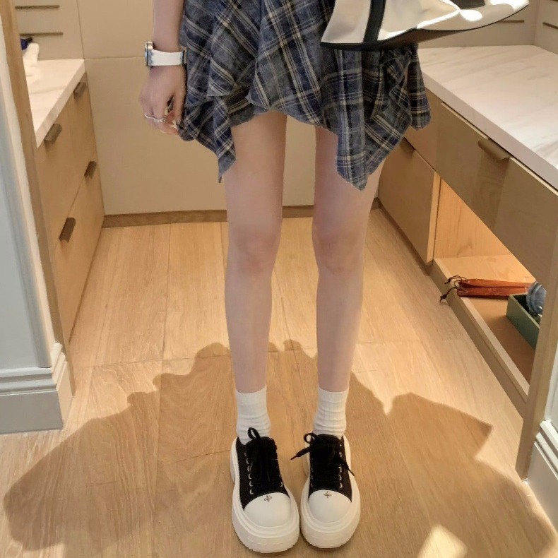 羊皮版~8cm厚底大圆头休闲帆布鞋女小个子真皮松糕鞋板鞋运动单鞋|undefined