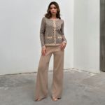 欧美跨境小众提花针织衫高腰阔腿裤两件套小香风显高显瘦时尚套装