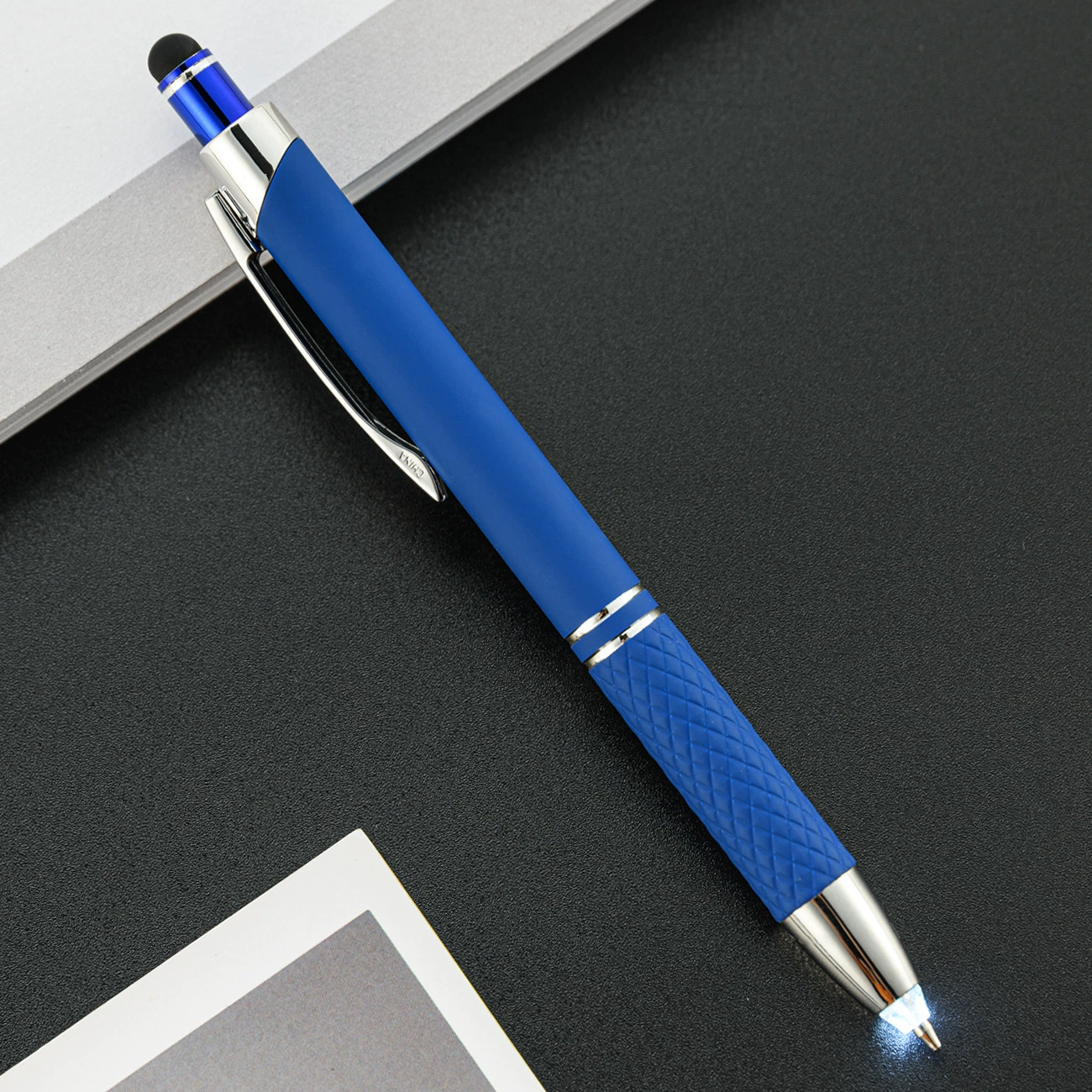 Universal creative metal multicoloured bulb, LED ballpoint pen for office for elementary school students, three in one