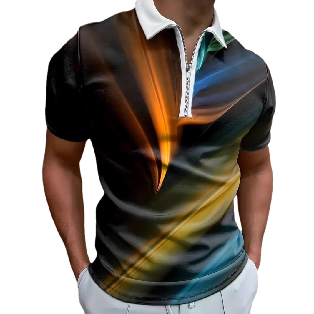 Camisa POLO con cremallera de manga corta transpirable y suelta de todo fósforo de negocios para hombres de verano, estampado colorido halo 3D