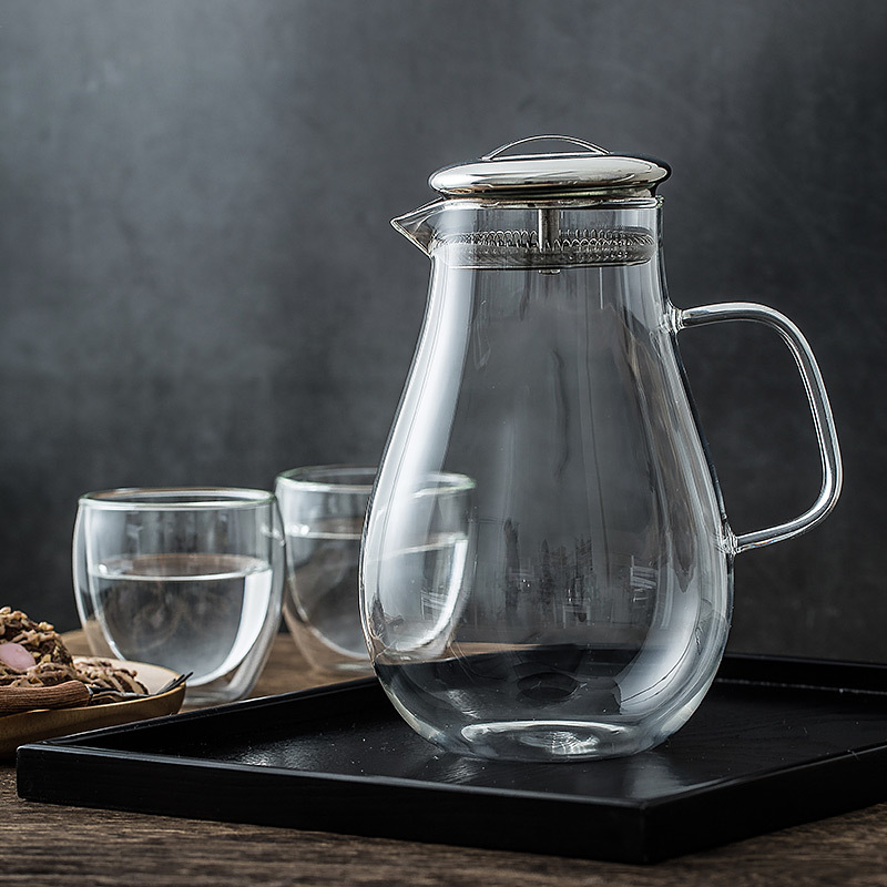 Olla de gota de agua de vidrio con alto contenido de borosilicato de gran capacidad, olla de bebida fría de jugo de vidrio transparente para el hogar, botella de agua fría con tapa de acero inoxidable
