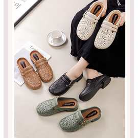 夏季新款跨境大码镂空透气纯色编织扣带外穿休闲单鞋女凉拖鞋