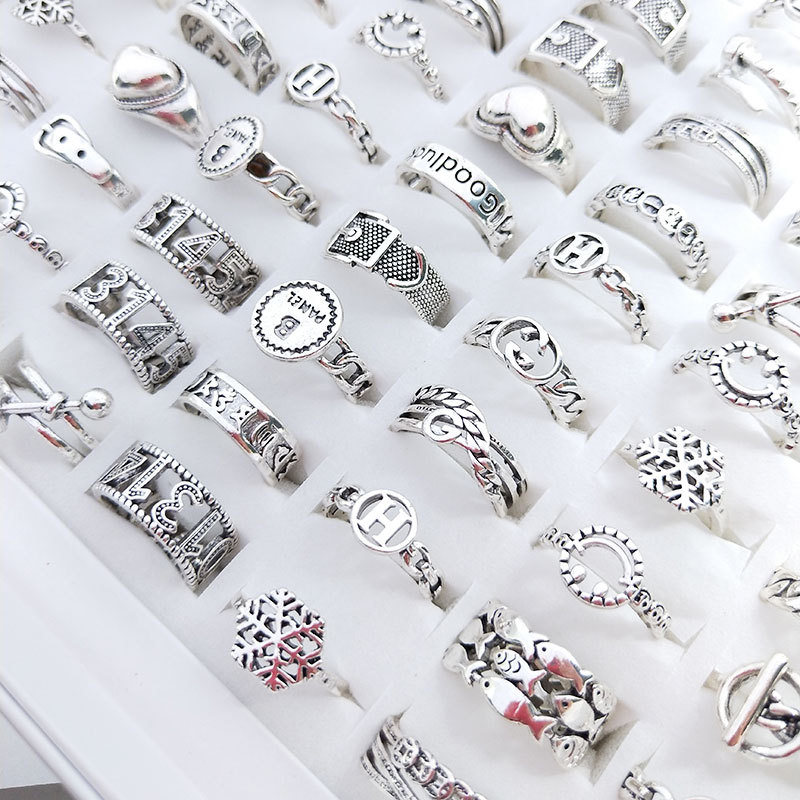 Wholesale Lot 100 Antique Silver Mixed Vintage Rings – Bulk Gothic & Hip Hop Jewelry, Sizes 7-10