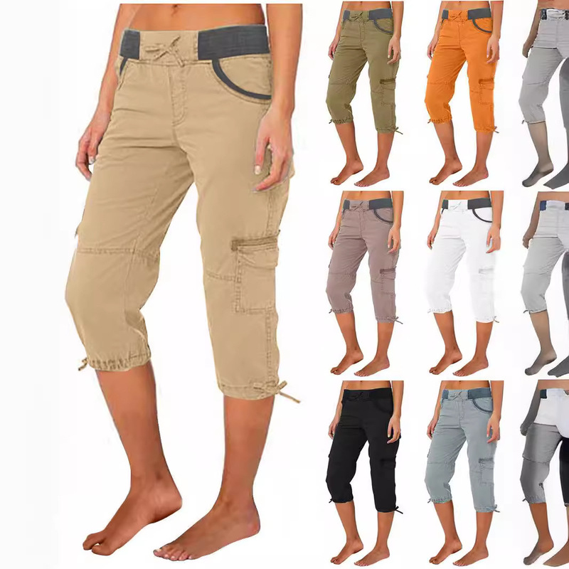 Women's High Waist Drawstring Pocket Crane Pants a-shaped Loose Wide Leg Retractable Pants Casual Pants 7-point Pants Women's High Waist Drawstring Pocket Crane Pants a-shaped Loose Wide Leg Retractable Pants Casual Pants 7-point Pants