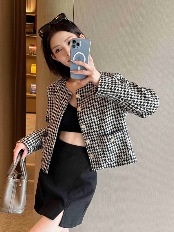 跨境批发法式名媛小香风短外套女圆领千鸟格显瘦短款上衣百搭|undefined
