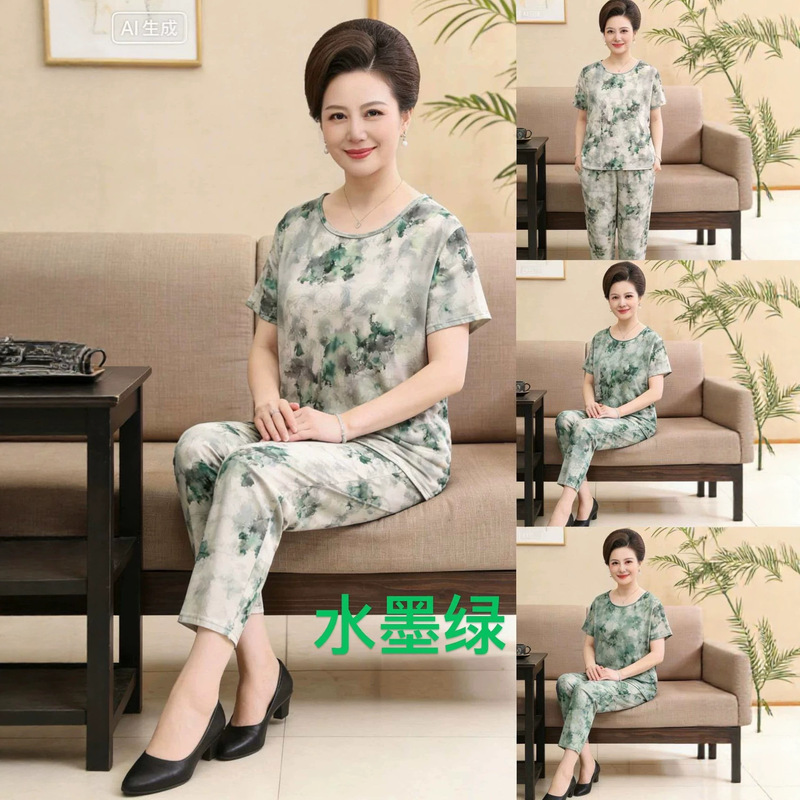 Mom's Pajamas, Women's Summer Casual Pajamas Set, Middle-Aged and Elderly Ladies' Home Clothes, Grandma's Short-Sleeved Shorts Two-Piece Set