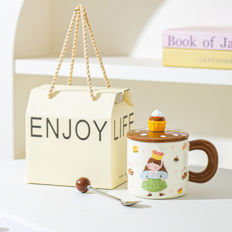 Pan de postre para niños y niñas tazas de cerámica tazas de pareja tazas de agua con tazas lindas cubiertas esmaltadas para dar chicas
