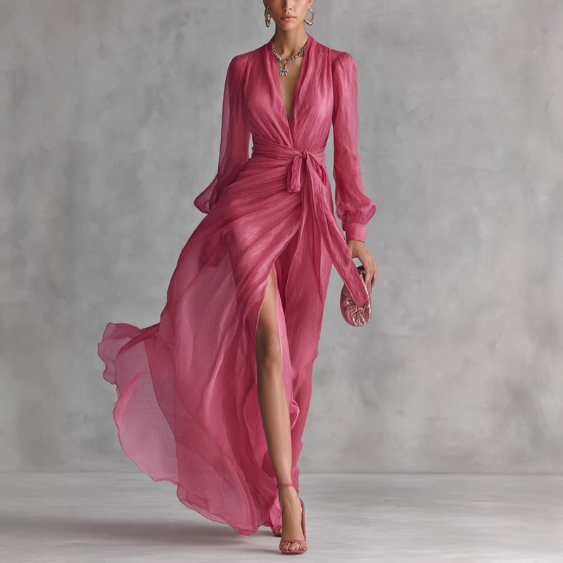 2026 New Cross-Border Foreign Trade Style Women's V-Neck Slit Waist-Cinching Long-Sleeve Flowing Solid Color Dress 2026 New Cross-Border Foreign Trade Style Women's V-Neck Slit Waist-Cinching Long-Sleeve Flowing Solid Color Dress