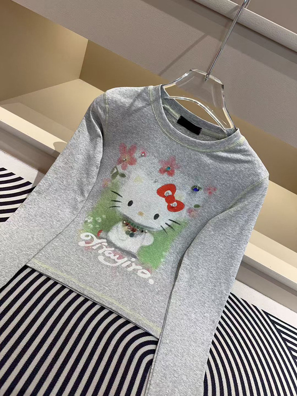甜美可爱kt猫咪图案印花订钻长袖T恤女潮牌甜酷弹力修身显瘦上衣|undefined