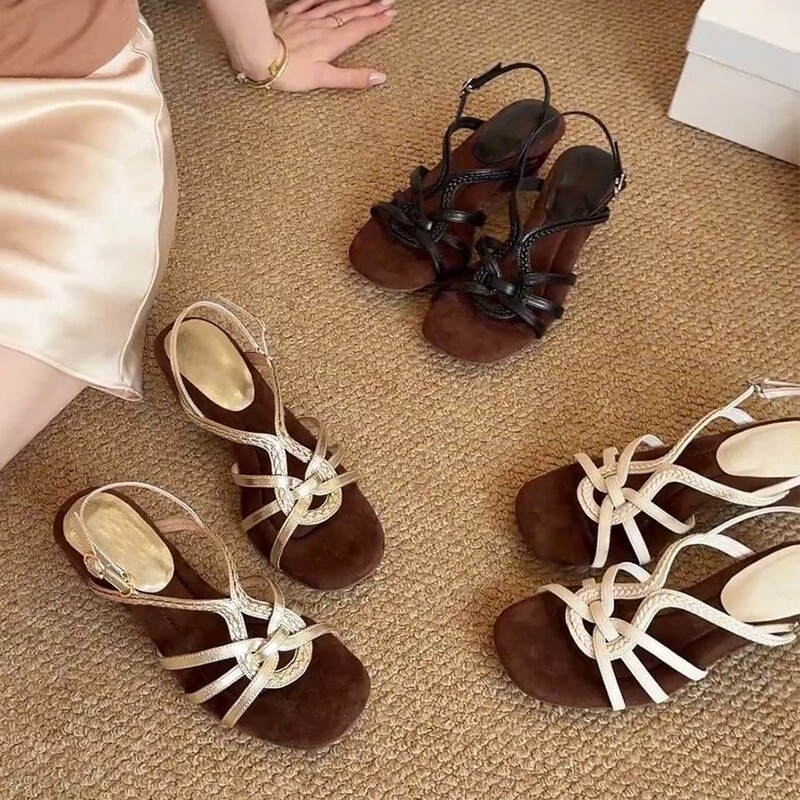 Sheepskin Version~French-Style Woven Cut-Out One-Strap Chunky Heel Sandals, Open-Toe Vacation-Style Roman High Heels for Women