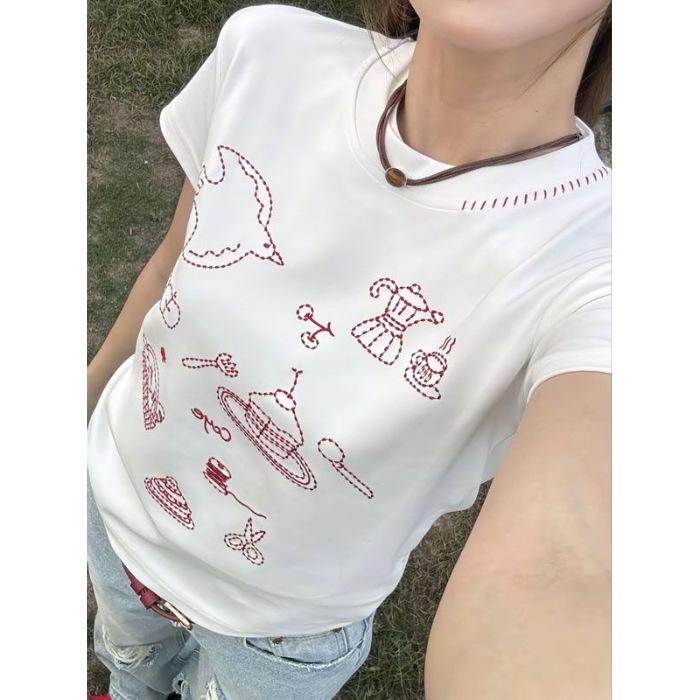 アメリカンレトロなヘビーウェイト刺繍白半袖Tシャツレディース夏デザイン楽しいスリムラウンドネックショルダートップ|undefined