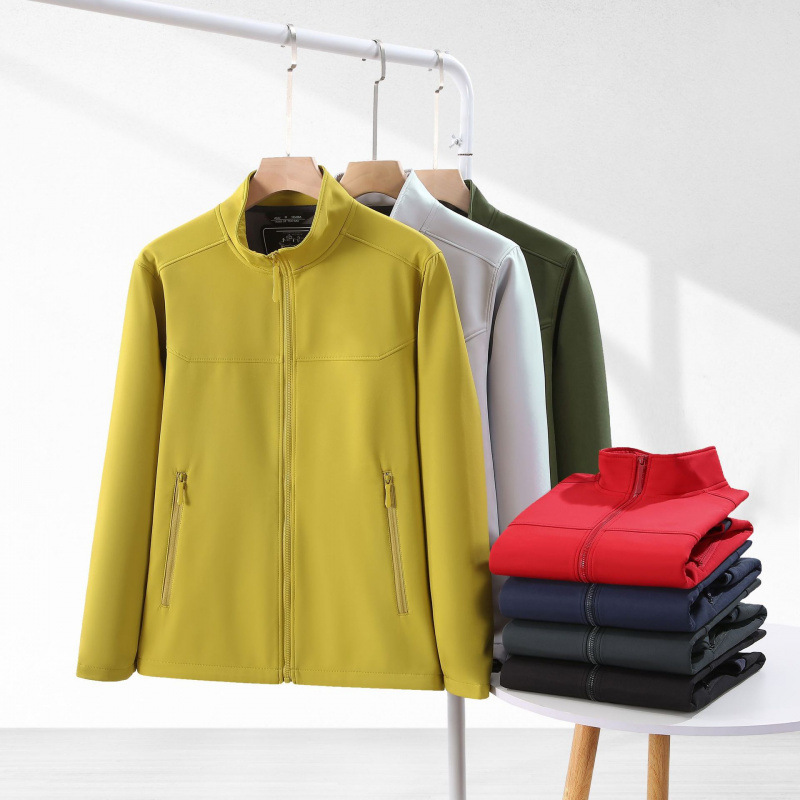 Outdoor Autumn and Winter Stand-Up Collar Softshell Jacket Workwear Embroidered Windproof Fleece-Lined Jacket for Men and Women