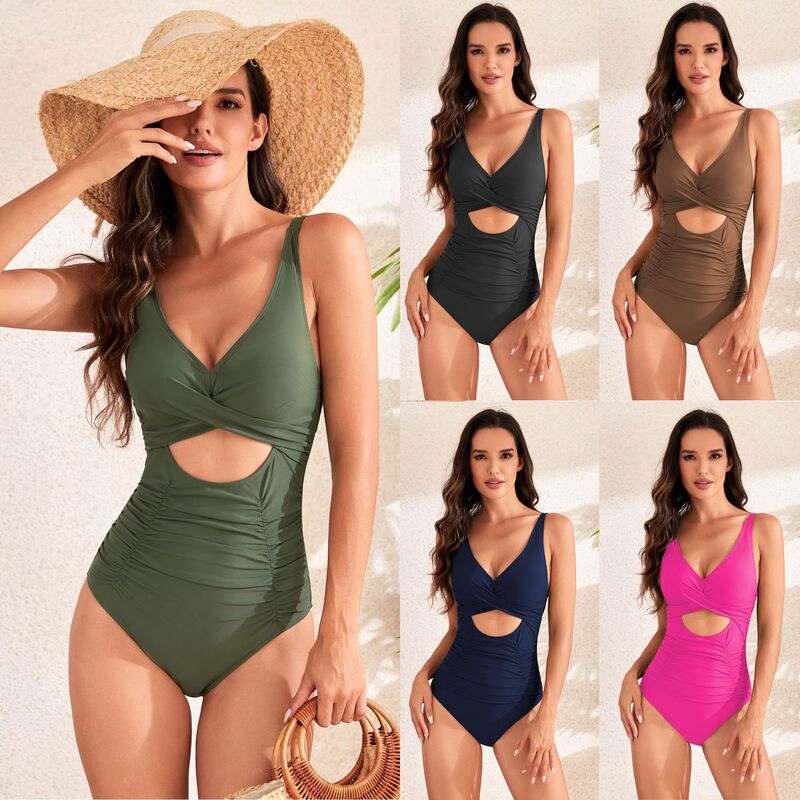2026 European and American One-Piece Bikini Swimsuit Cross-Border Amazon Tummy-Concealing Slimming Solid Color Sexy Backless Swimsuit for Women