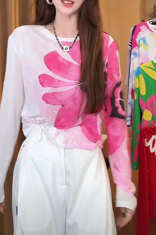 晕染印花网纱长袖防晒衫上衣女2025夏季时尚潮流休闲百搭T恤罩衫|undefined