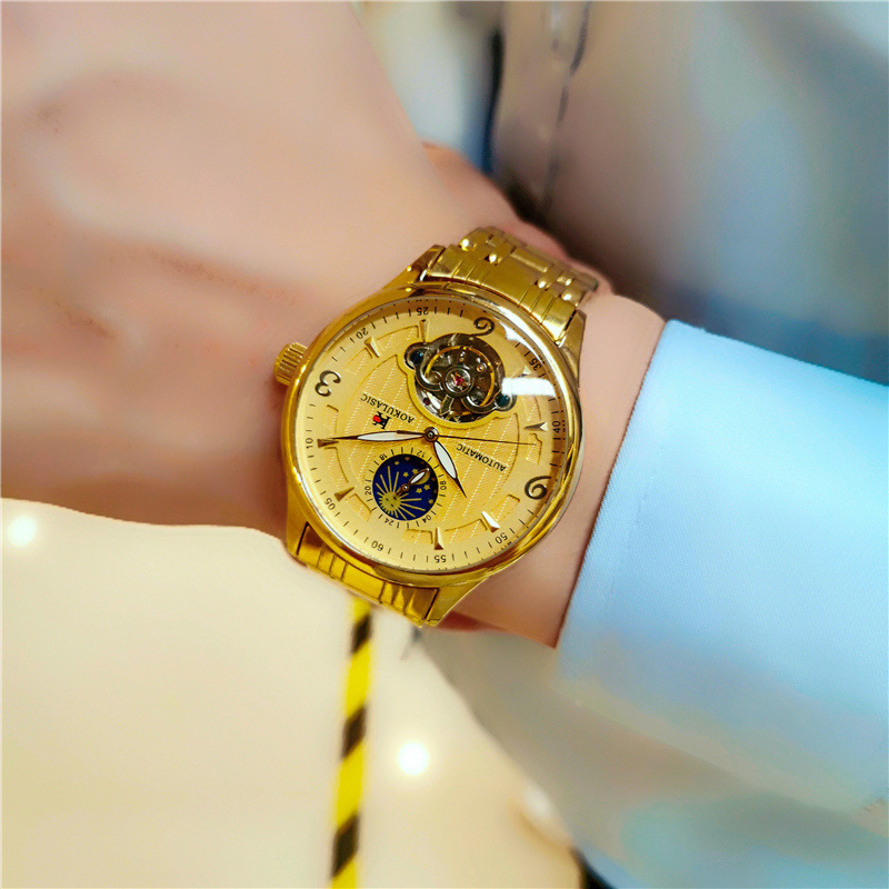 AOKULASIC hueco-hacia fuera transparente inferior luminoso Tourbillon reloj mecánico automático moda reloj de los hombres de moda 1922