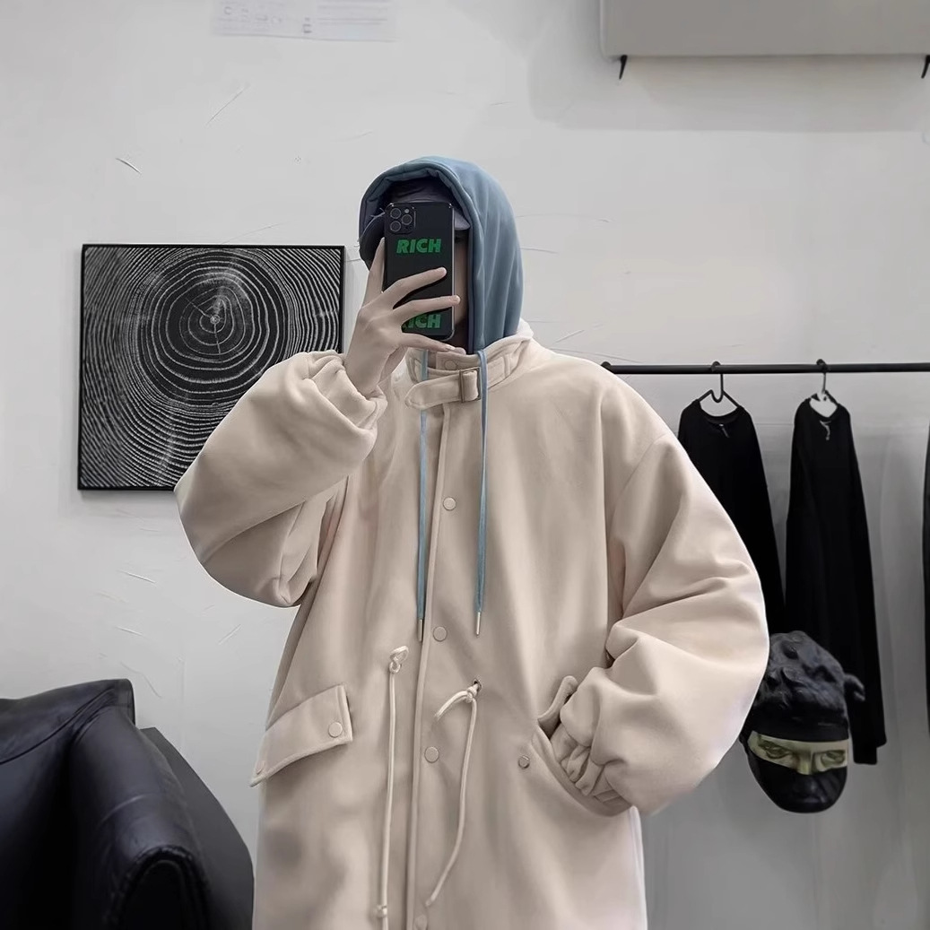 겨울 두꺼운 모직 코트 남자의 느슨한 가짜 투피스 후드 모직 코트 소년 트렌디 브랜드 윈드 브레이커 중간 길이