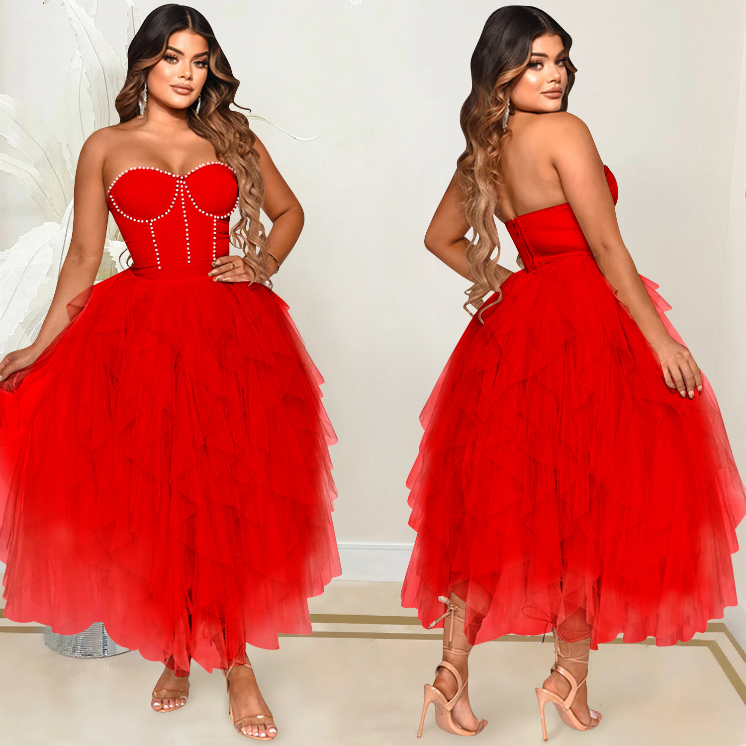 X5709 nueva llegada AliExpress Amazon moda europea y americana color sólido rhinestone caliente tubo superior mullido vestido de malla ropa las mujeres image 4