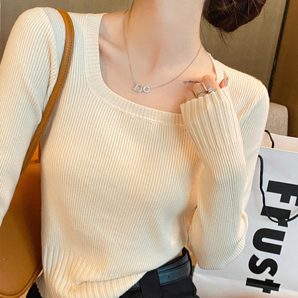 Thin Knitwear Early Autumn New Women's Autumn Top with Square Collar Base Shirt Short Slim-Fit Sweater