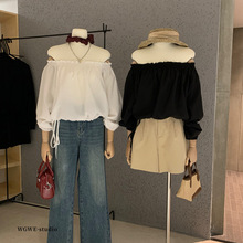 WGWE6915一字领褶皱花边洋气下摆绑带轻薄长袖衬衫