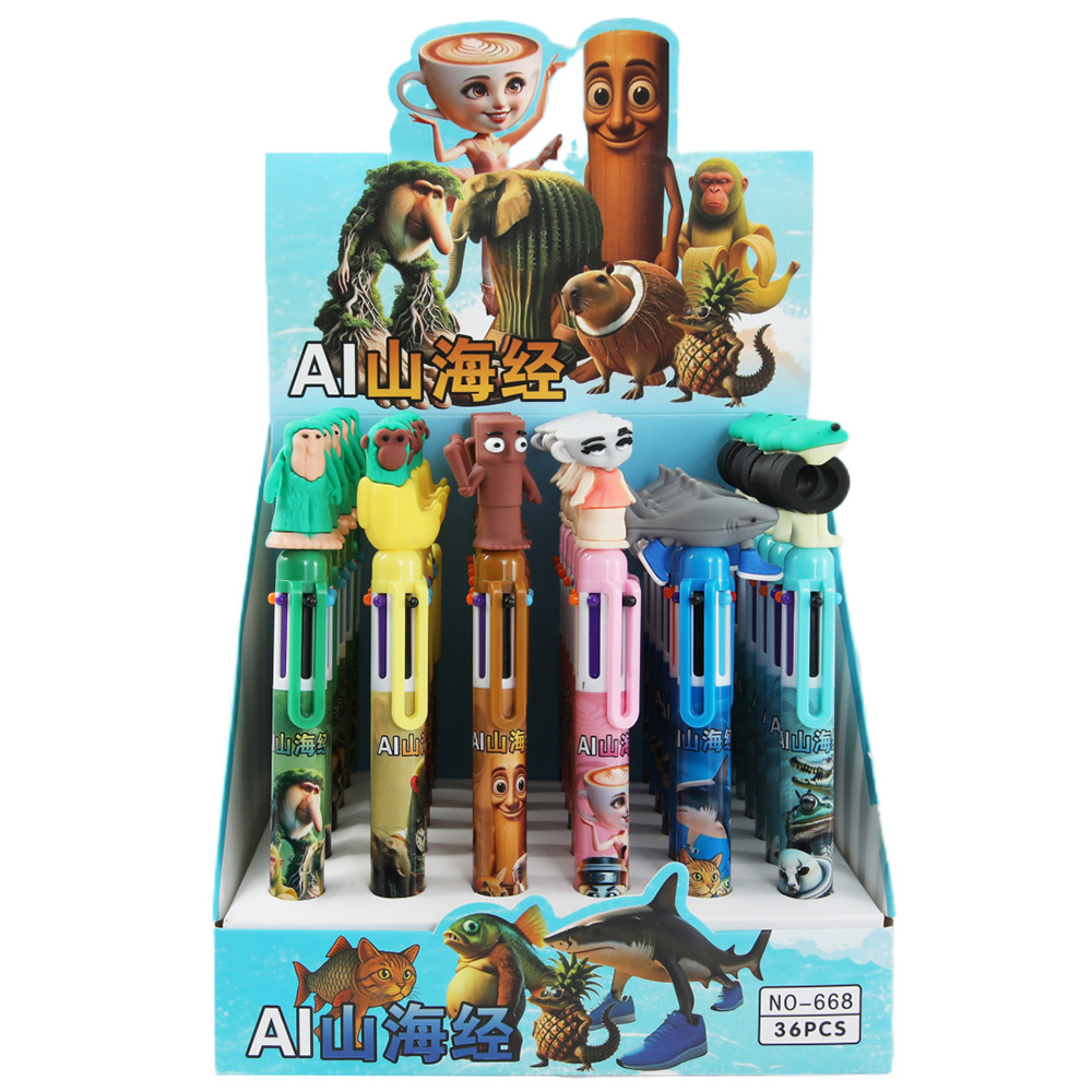 Montañas y mares de seis colores lápiz de dibujos animados palo de madera hombre pluma multicolor lápiz de bola de alto valor de color estudiantes de primaria escritura al por mayor