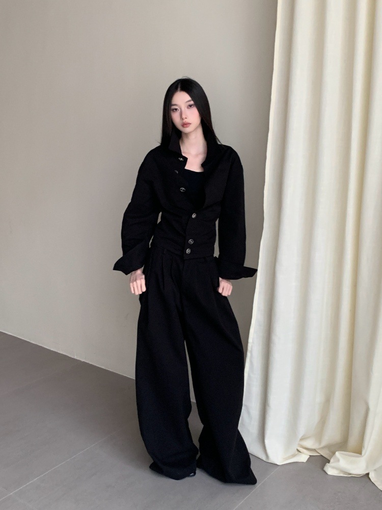 GraceChic GraceChic Autumn Hepburn Style "Urban Elite" Crisp Texture Waist-Cinching Short Shirt And Pleated Wide-Leg Straight Pants Set_voghion.com