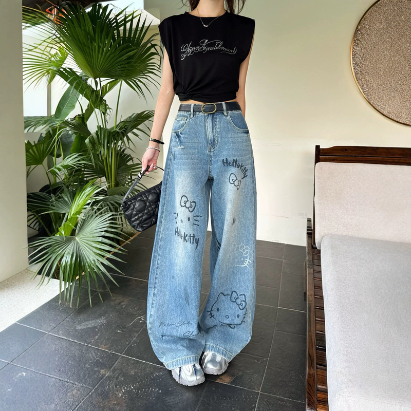 Shenzhen Nanyou High-End Heavy Industry Cat Graffiti Rhinestone Wide-Leg Jeans for Women High-Waisted Slimming Washed Long Pants Shenzhen Nanyou High-End Heavy Industry Cat Graffiti Rhinestone Wide-Leg Jeans for Women High-Waisted Slimming Washed Long Pants
