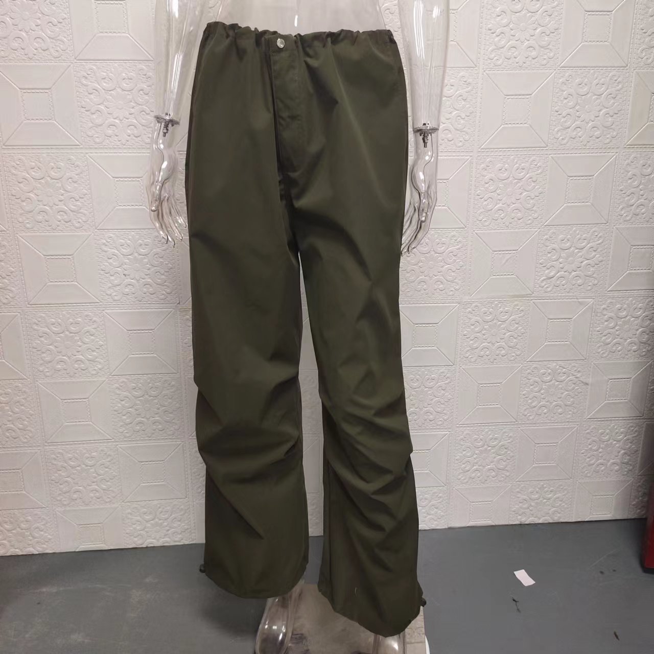 Vår/sommar 2024 Nya heta tjej-arbetskläder med resårband och dragsko, trendiga låg midjade vida ben, vardagsbyxor_voghion.com