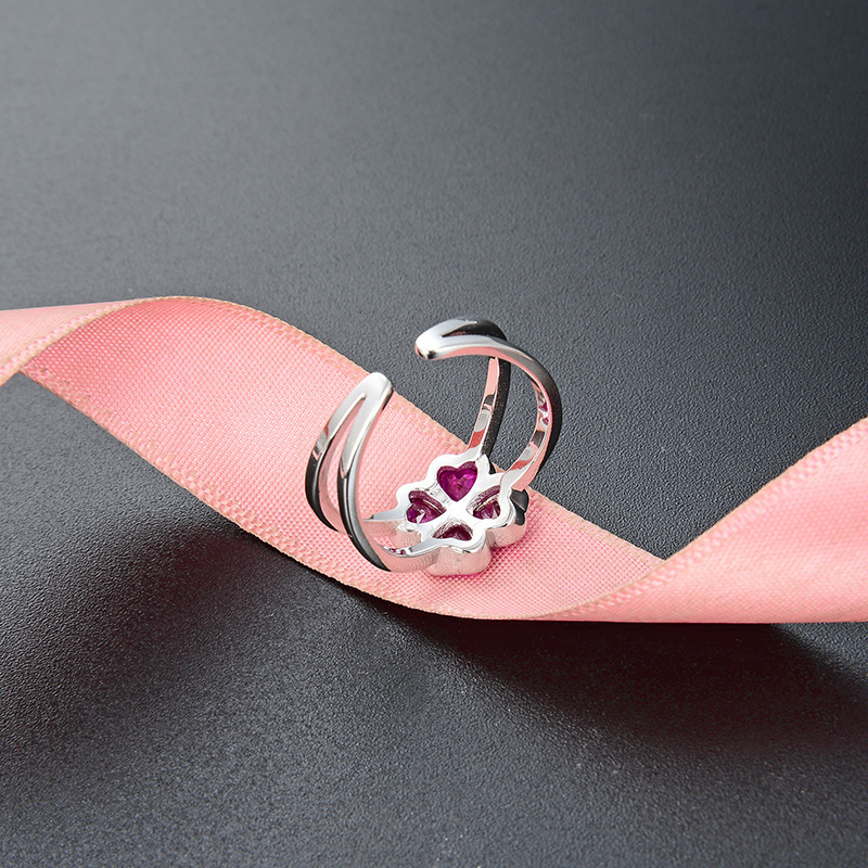 Moda coreana temperamento dulce anillo de cuatro hojas damas s925 plata abierto ajustable anillo de flores anillo índice