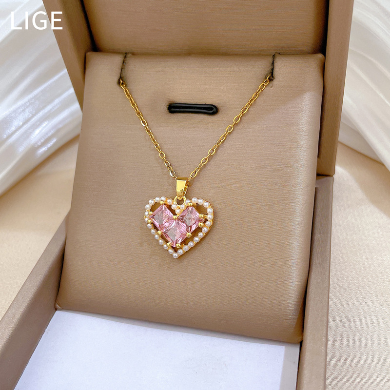 Wunderschöne Perlenherz Halskette Mit Diamanten Edelstahl Kette_voghion.com