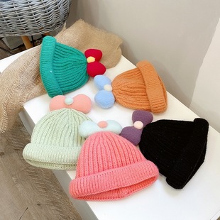 Autumn and Winter Baby Knitted Melon Skin Hat, Warm and Cute, Super Cute Ear Warm Woolen Hat, Female Kidsren's Pullover Hat, Casual
