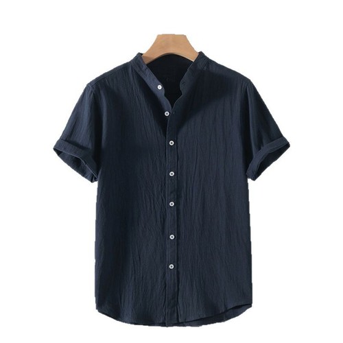 Men's Summer Linen Shirt, Thin, Plain Color, Large Size, Short Sleeve, Casual Stand Collar, Cotton Linen Shirt Outerwear