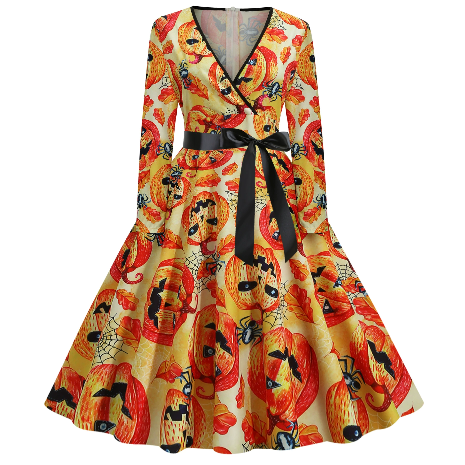 1202 AliExpress взрывы Ретро Хепберн Хэллоуин принт шить с длинным рукавом большое платье