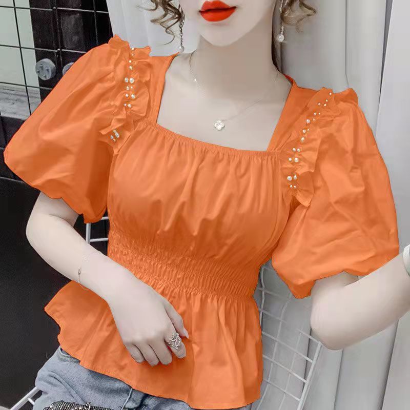 シフォンシャツレディース夏の新しいスタイルスクエアカラービーズフリル半袖トップシックなフレンチシャツ|undefined