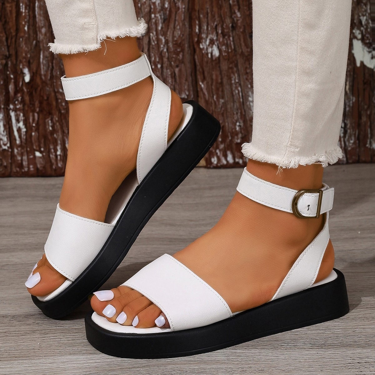 Sandalias Romanas con Tacón de Cuña y Plataforma Talla 43 de PU con Cierre de Hebilla para Verano
