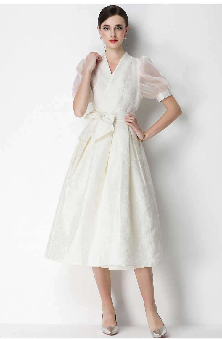 Đầm maxi nữ thắt eo V cổ tay ngắn họa tiết jacquard thanh lịch — màu đen, xanh lam, Màu hồng, màu trắng chi tiết 37