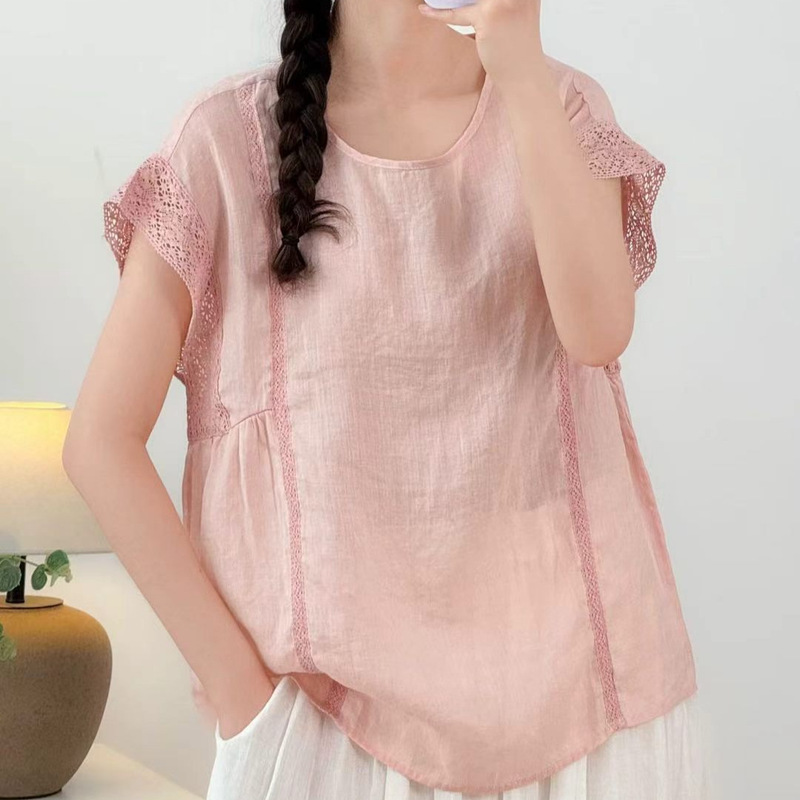Ramie Lace Patchwork Flutter Sleeve Shirt 2026 Artistic Mori Girl Style Round Neck Solid Color Lightweight Versatile Loose Top Ramie Lace Patchwork Flutter Sleeve Shirt 2026 Artistic Mori Girl Style Round Neck Solid Color Lightweight Versatile Loose Top