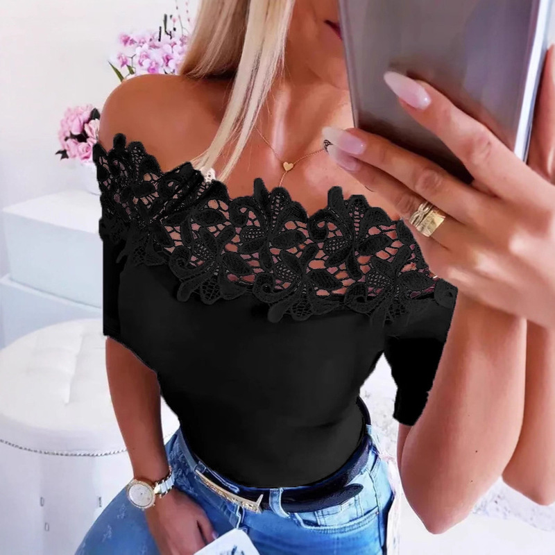 European and American Cross-Border Women's Tops, Fashionable and Casual Pure Color Lace Splicing Short-Sleeved Women's T-Shirts with One-Line Collar