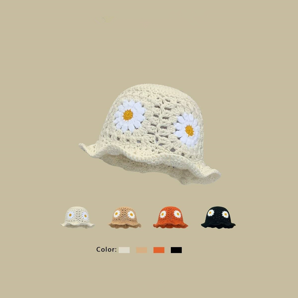 Flower Handmade Knitted Fisherman Hat Women's Hollow Wool All-matching Basin Makes Face Look Smaller