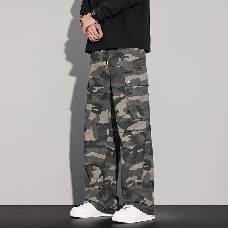 American-Style Multi-Pocket Camouflage Cargo Pants for Men, Autumn Trendy Brand Design, Stylish Straight-Leg Pants, Loose Casual Long Pants