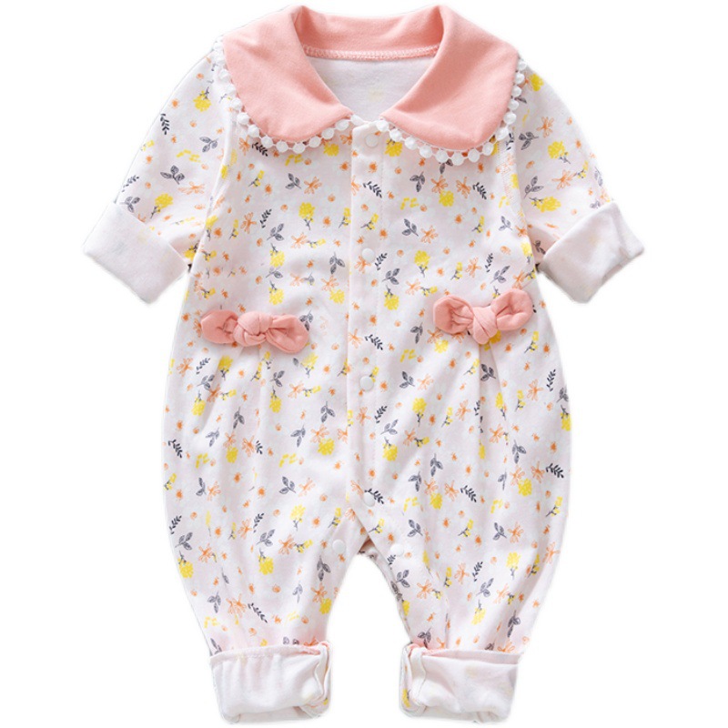 Estilo occidental bebé niña mono primavera y otoño manga larga delgada sin hueso mono floral mameluco puro algodón moda mameluco moda