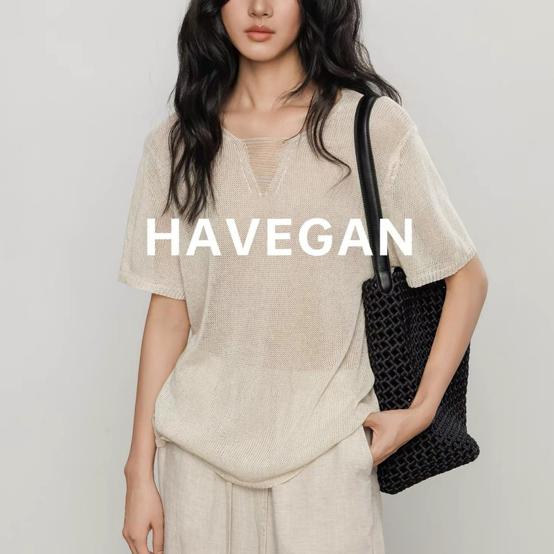 Havegan/Summer Design-Inspired V-Neck Thin Knit T-Shirt for Women, Tencel Linen Loose Casual Top Havegan/Summer Design-Inspired V-Neck Thin Knit T-Shirt for Women, Tencel Linen Loose Casual Top