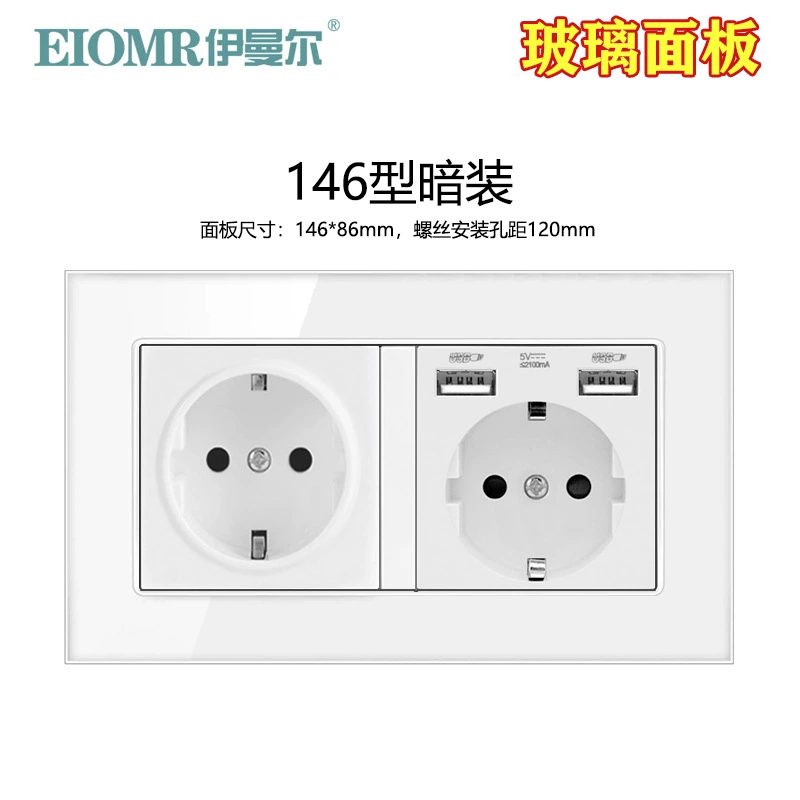 Dual European socket panel 16A, dual USB charging, multiple finishes (German/French, glass/metal)